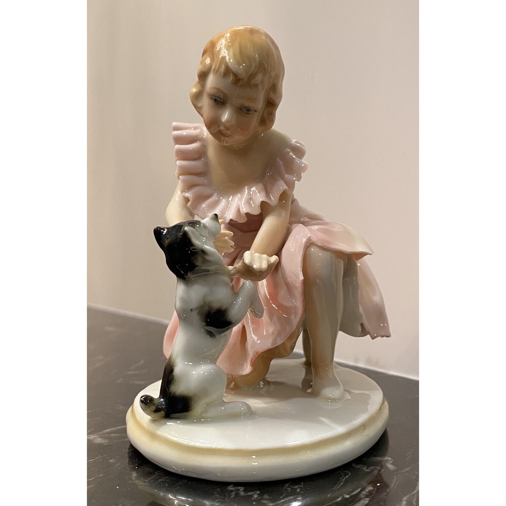 Beautiful Antique GERMAN Porcelain DRESDEN Figurine Girl with Dog 4.25"